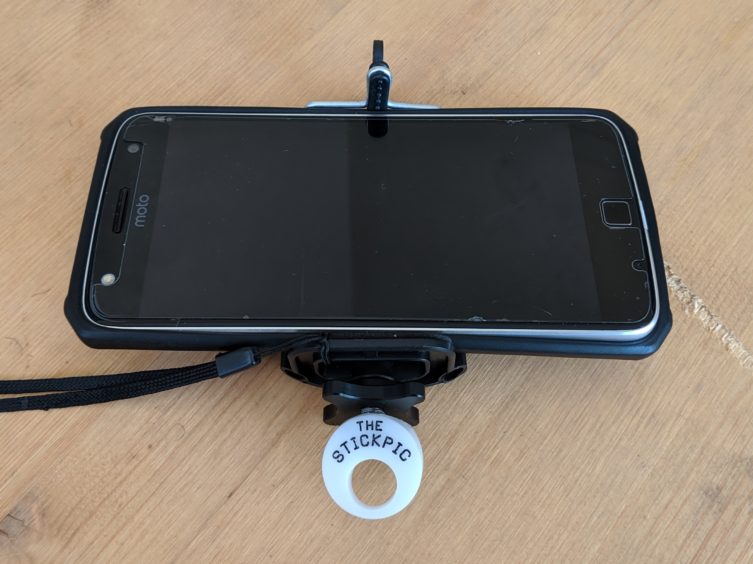 Trekking pole store cell phone mount