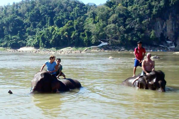 Riding the elephants into the Mekong River, Laos