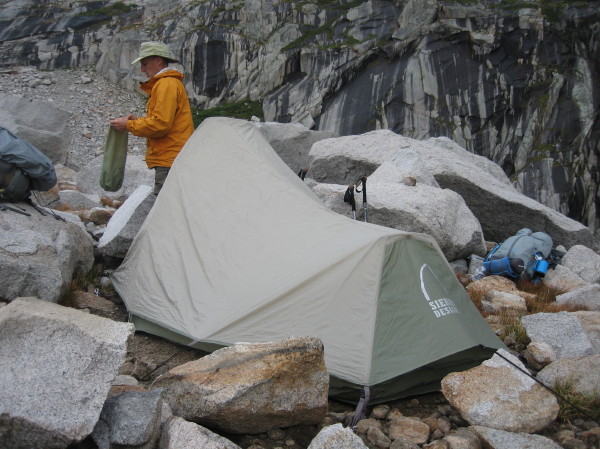 Steve wedged our tiny tent between the boulders at Precipice Lake