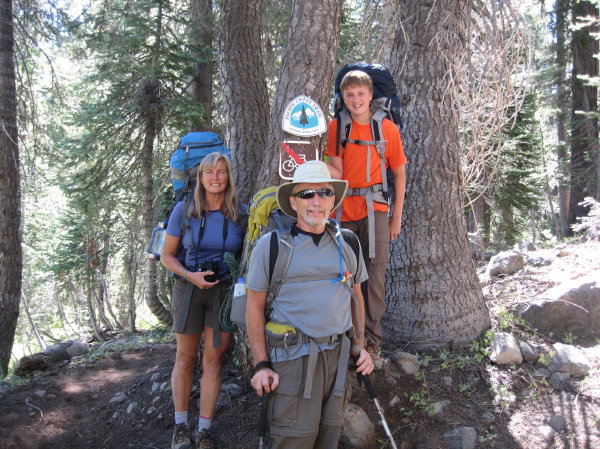 Laura, Steve, Chase at the start. Note the PCT marker on the tree. 