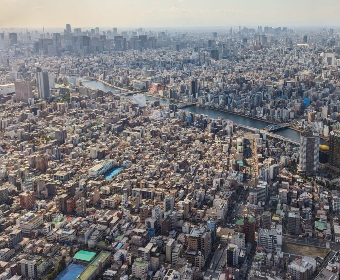 Aerial view of Tokyo showing high density