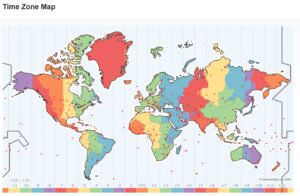 World map image with time zones indicated with vertical lines