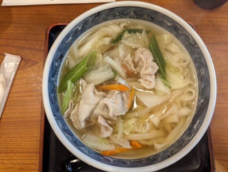 Bowl of flat noodles, clear broth, bits of vegetables and pork