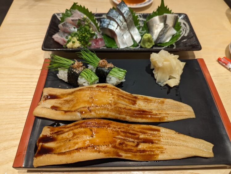 Two large strips of grilled eel with sashimi fish, sushi and ginger
