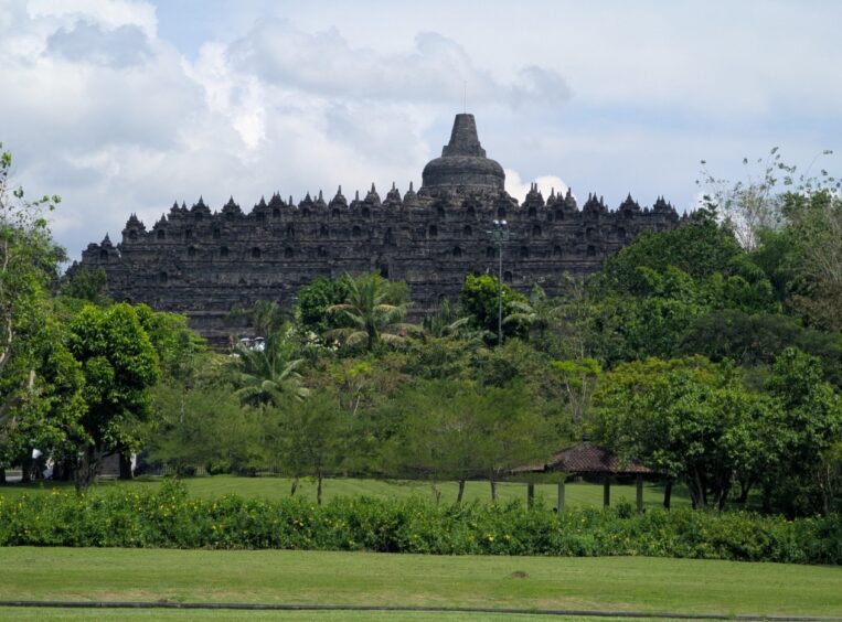 View of the intricate Borobudur Temple from a distance