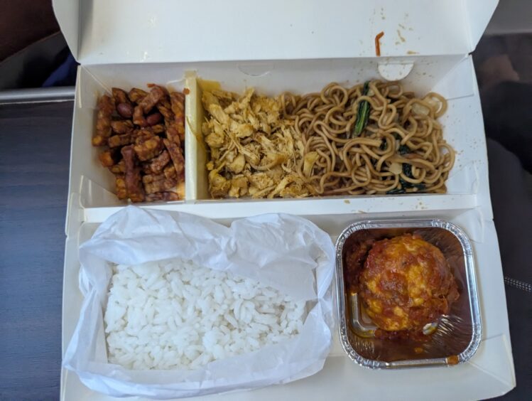 Box dinner served on train with chicken curry and rice