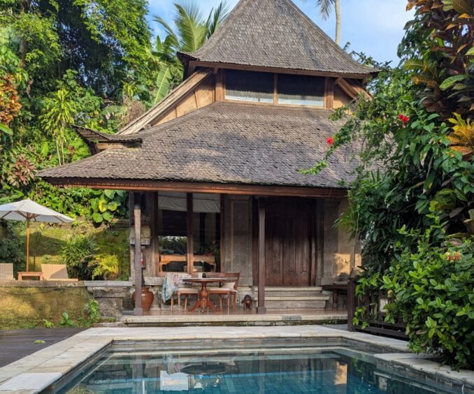Private villa with thatch roof behind a private pool 