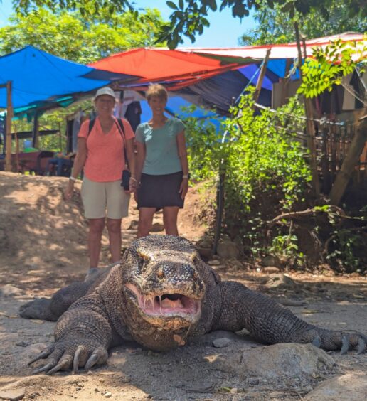 Two women standing behind a Komodo dragon with its mouth open displaying large strands of ropey saliva.