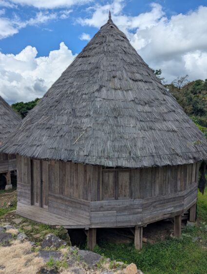 Round thatched house with steeply pitched roof